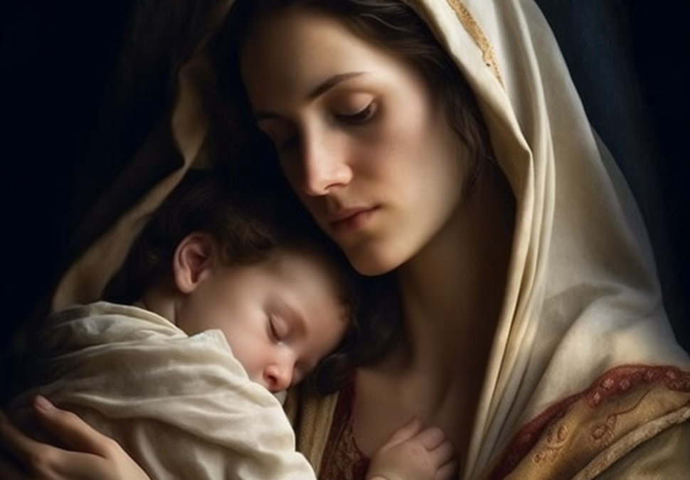 Mother Mary cradling baby Jesus